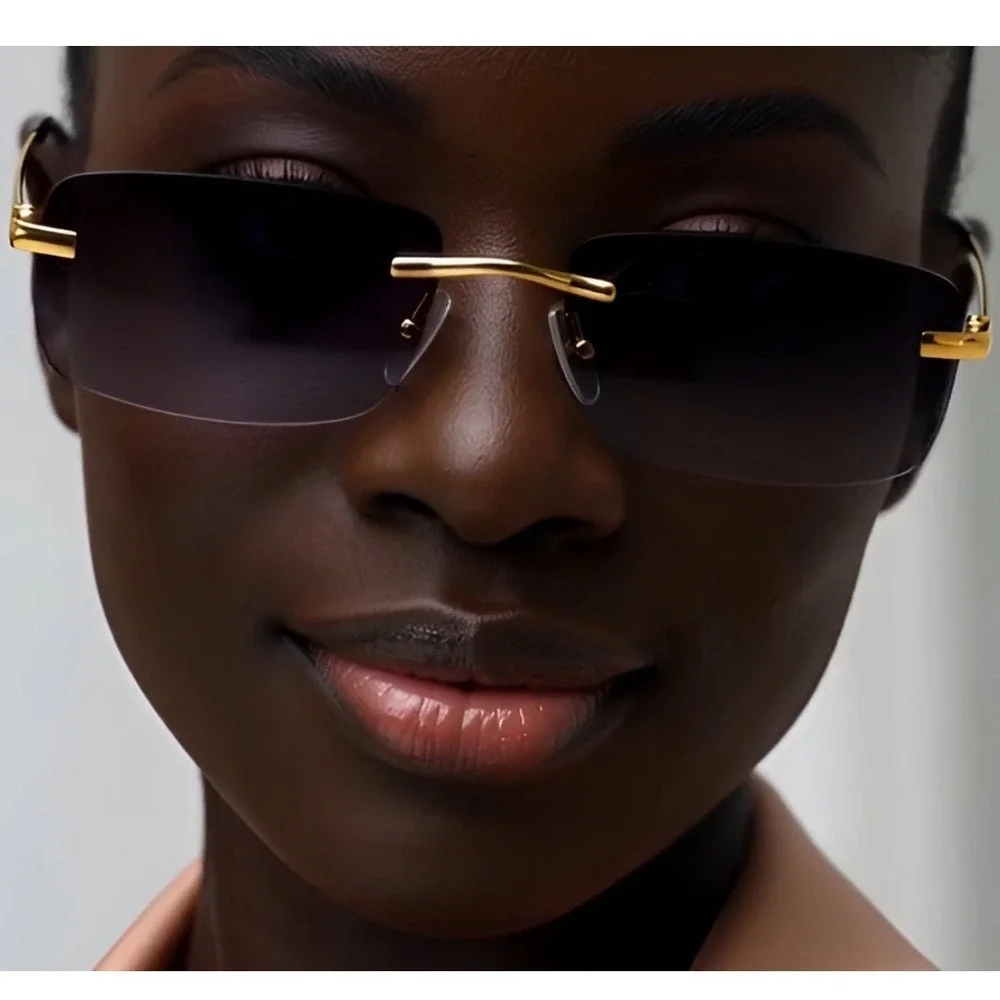 Rimless Sunglasses Gold Frame Black Lens Rectangle Fashion Sun Glasses Women New
